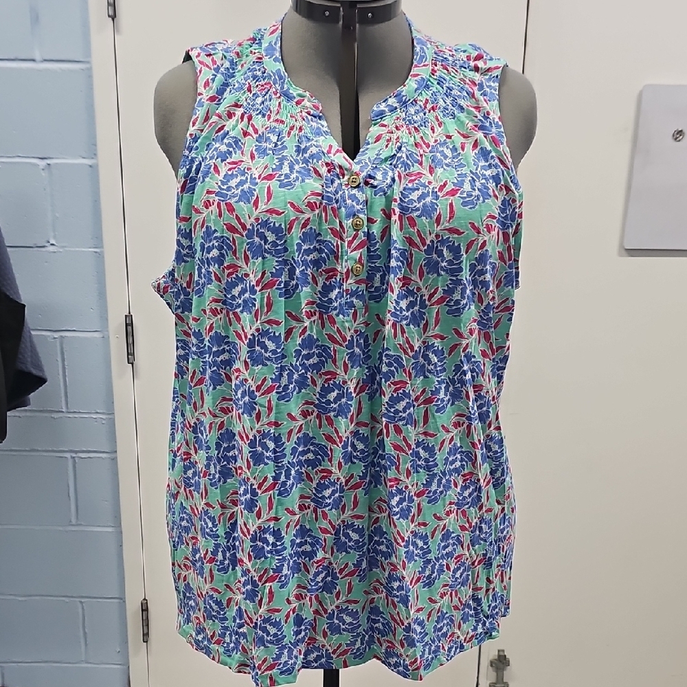 Vibrant Floral Sleeveless Blouse - Blue and Pink